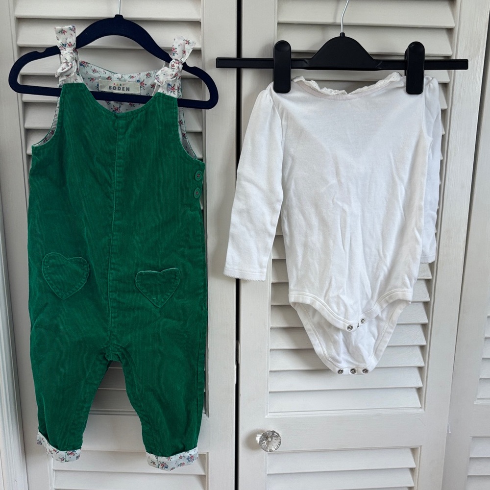 Boden Green Overalls with White Onesie